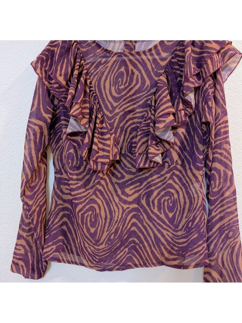 Lumina Fashion Blouse,Semi Sheer,Long Sleeves, Purple/ Light Brown, Small, Italy